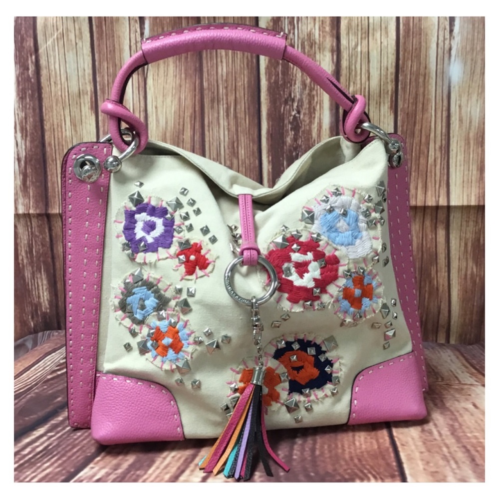 BCBGMAXAZRIA Pink Leather Cream Canvas Runway Tote